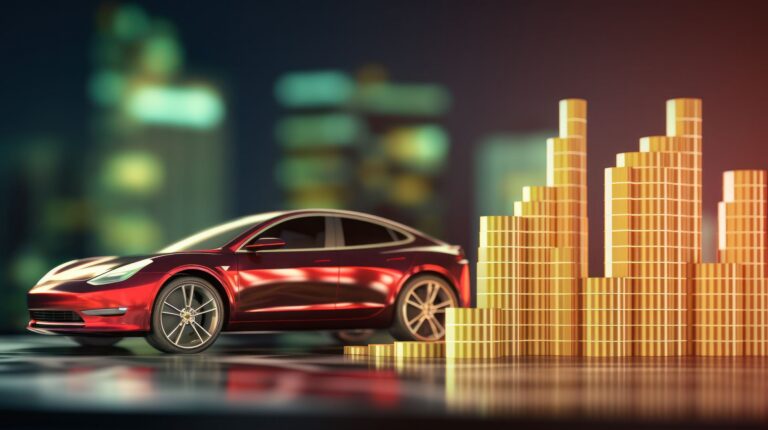 A red car in front of symbolic coinage representing larger payments or smaller payments