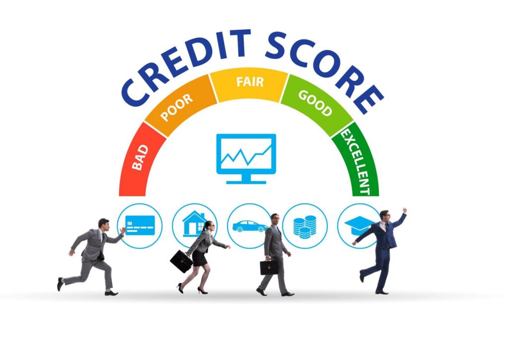 credit score improvements from bad to good with people jumping in background at good credit score