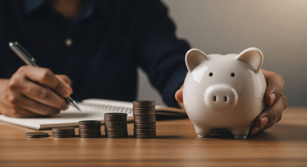 extreme closeup of man saving for a down payment with piggy bank and coins conceptualizing interest and equity