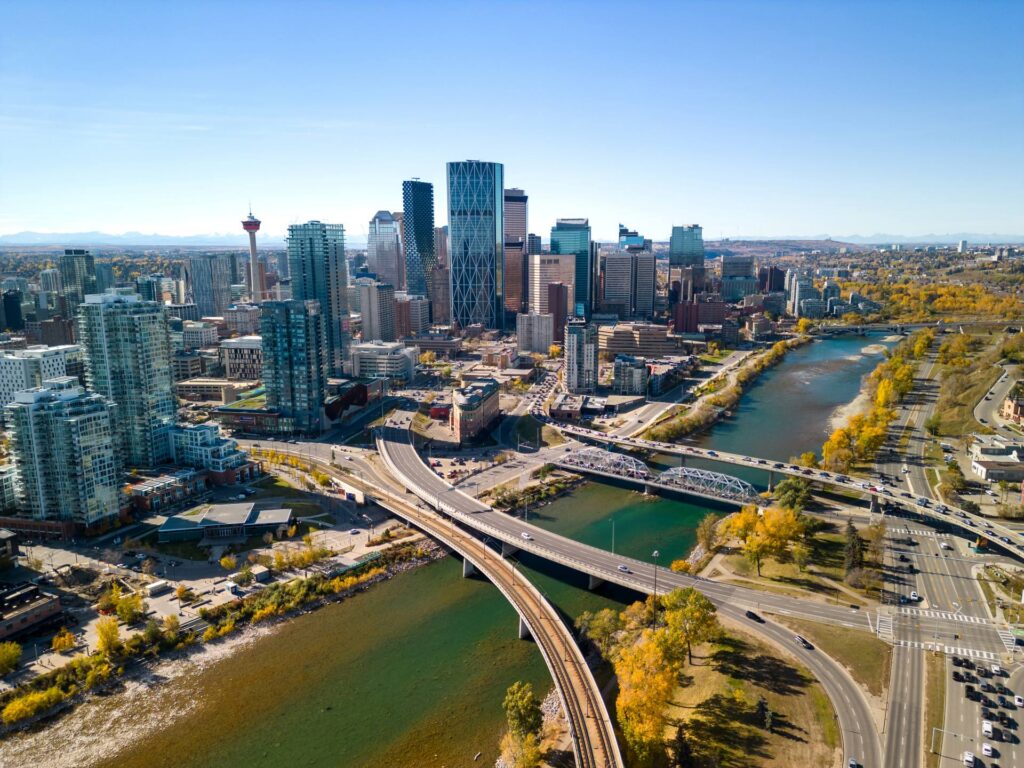 aerial view of Calgary 4th ave flyover heading downtown