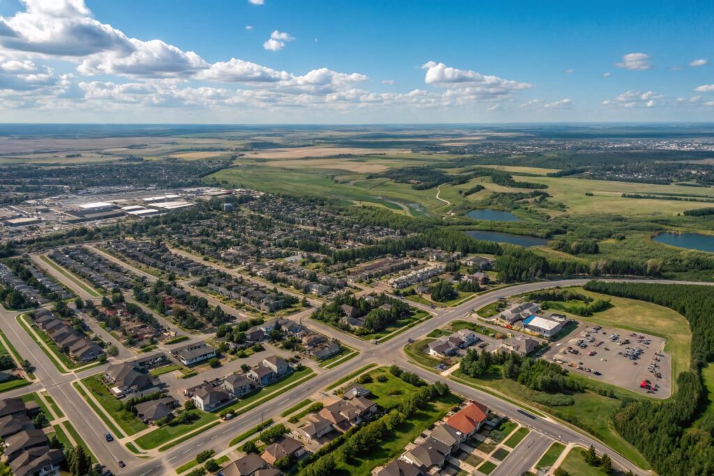 aerial view of Airdrie showing neighbourhood and streets in the city