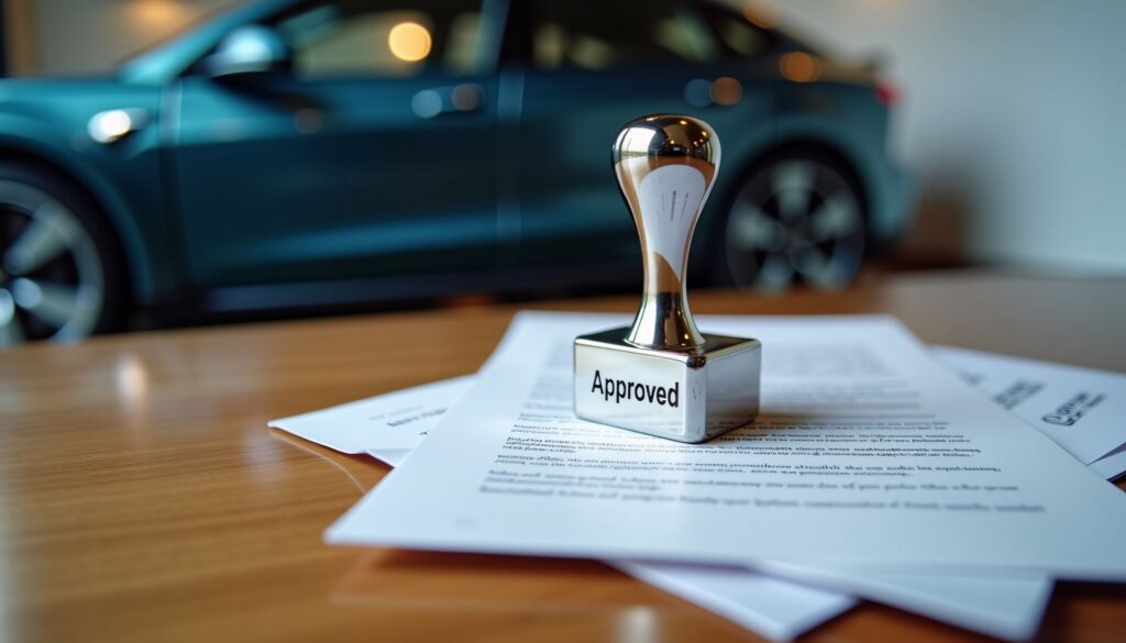 approval stamp on pile of papers symbolizing experience of car loan approval