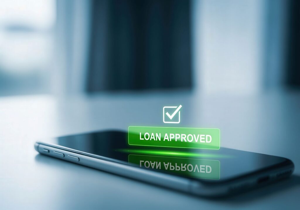 mobile smart phone closeup with conceptual art of a holgram saying loan approved popping up