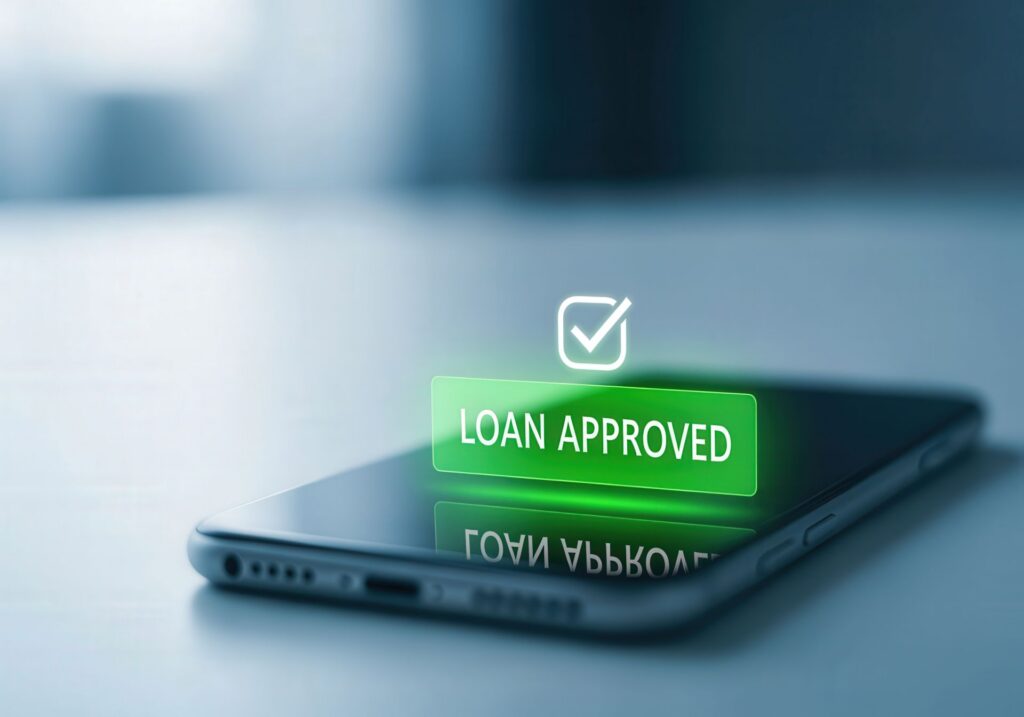 smart phone with conceptual hologram popping up saying "loan approved"